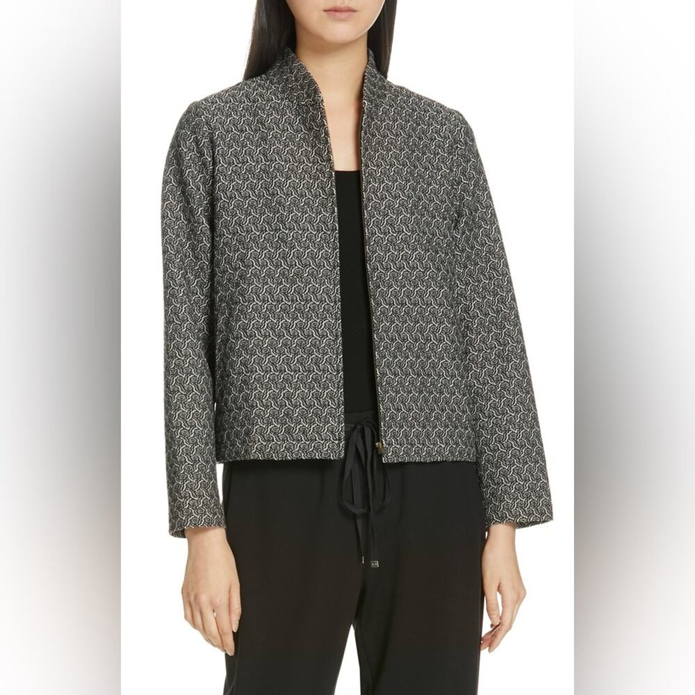 NEW Eileen Fisher Jacquard Flight Jacket Womens Large Black Bone Full Zip